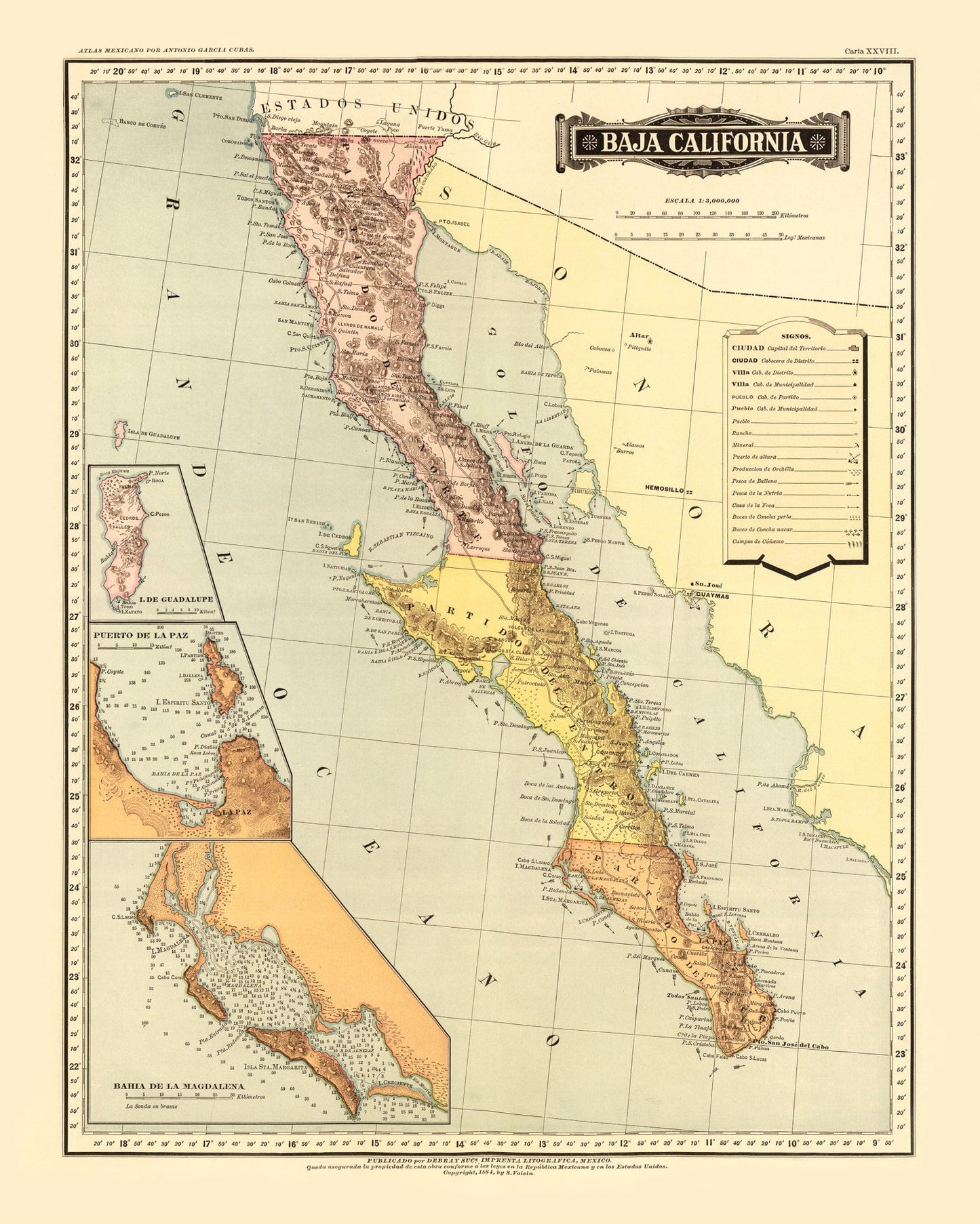 Vintage Map of Baja California, 1886