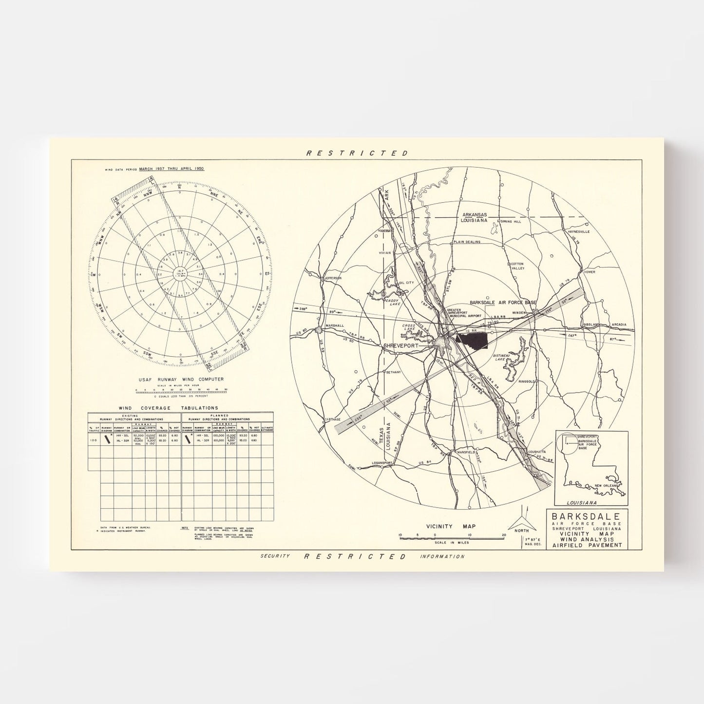 Vintage Map of the Barksdale Air Force Base Vicinity, 1952