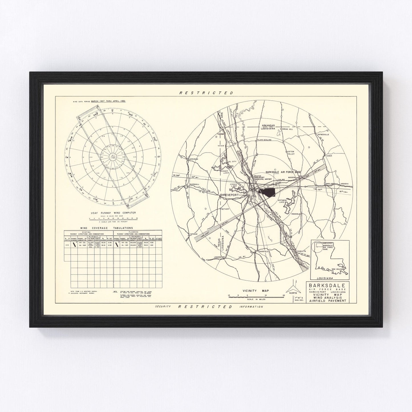 Vintage Map of the Barksdale Air Force Base Vicinity, 1952
