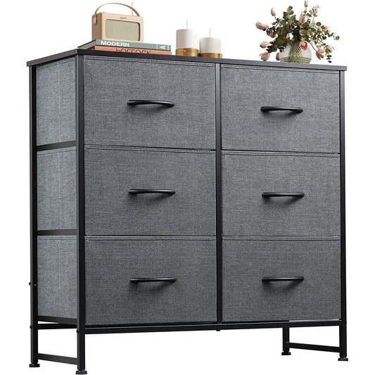 Six Drawer Dark Grey Fabric Dresser For Bedroom Storage
