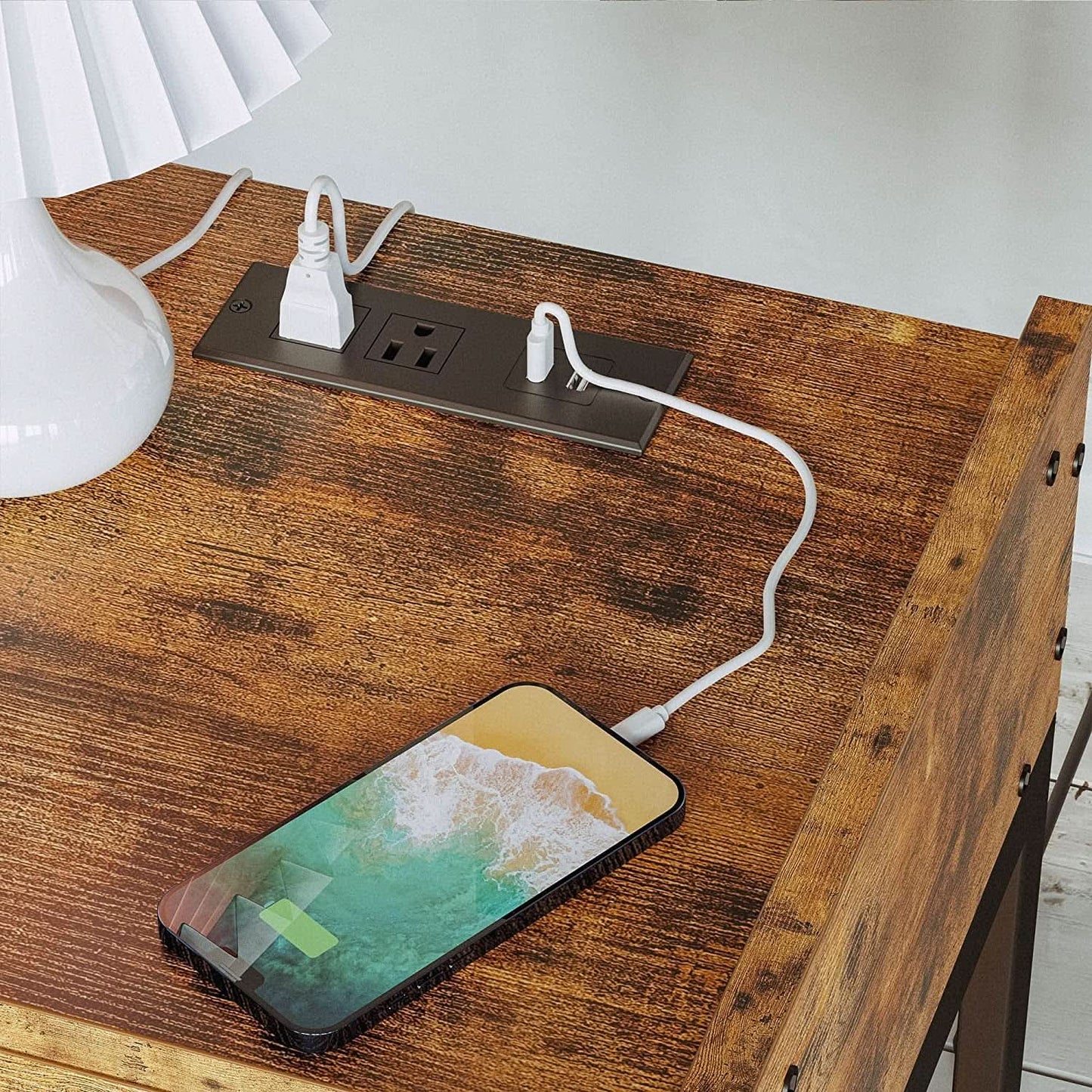 Bedside Table With Charging Station In Vintage Brown