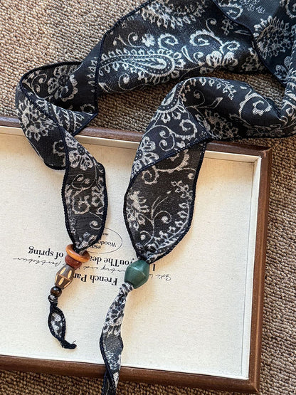 Multi-Functional Floral Satin Scarf With Jade Bead Accents