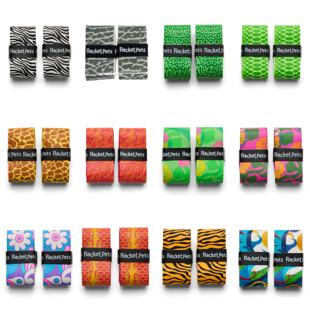 VALUE PACK - A Yellow Giraffe Racket Pet Tennis Dampener and Overgrip Tape with a (Pack of 2) Replacement Overgrip Tape