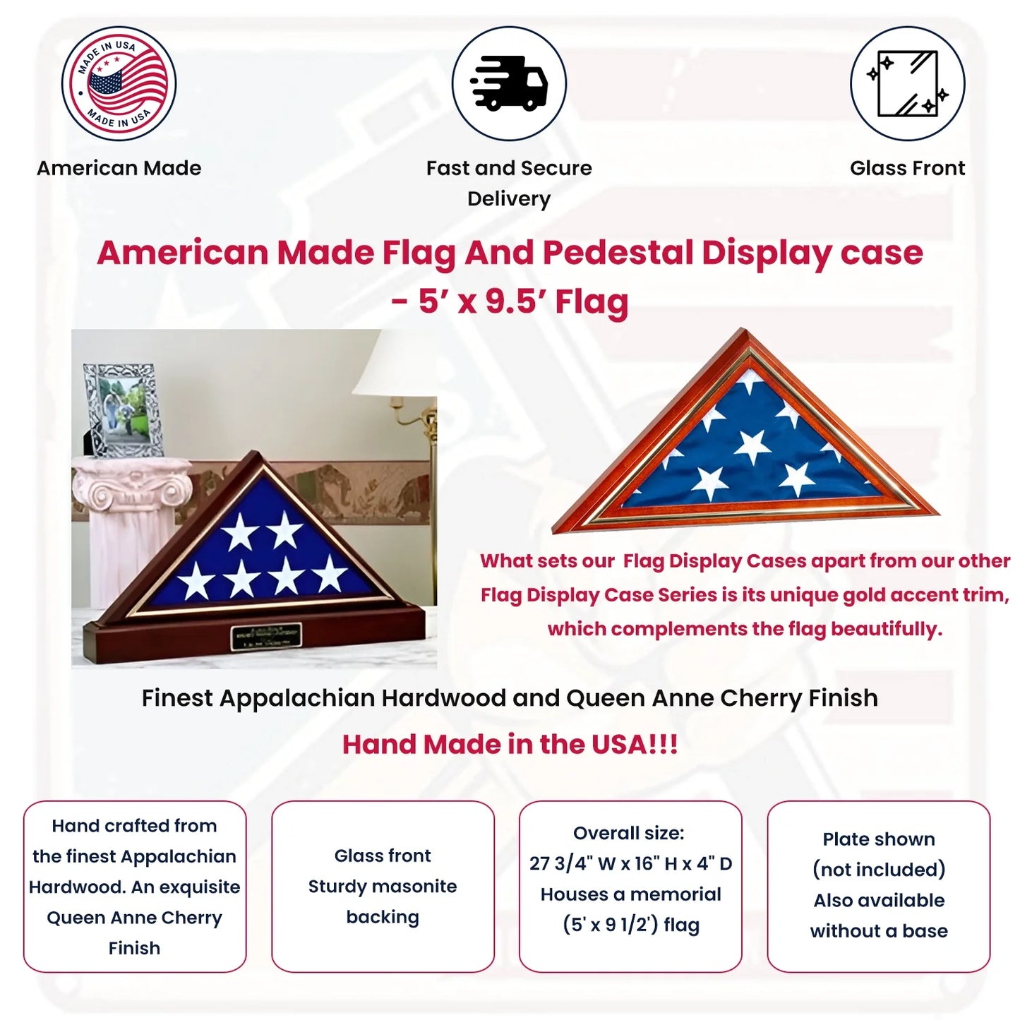 American Made Flag And Pedestal Display case - Cherry finish