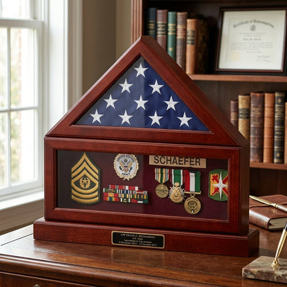 Combination Flag Display Case Shadow Box, Flag medal pedestal - Medallions in Solid Brass