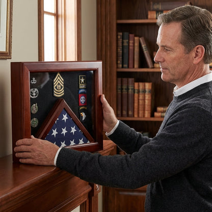 Military Flag medal display case, Mahogany wood for 3x5 flag