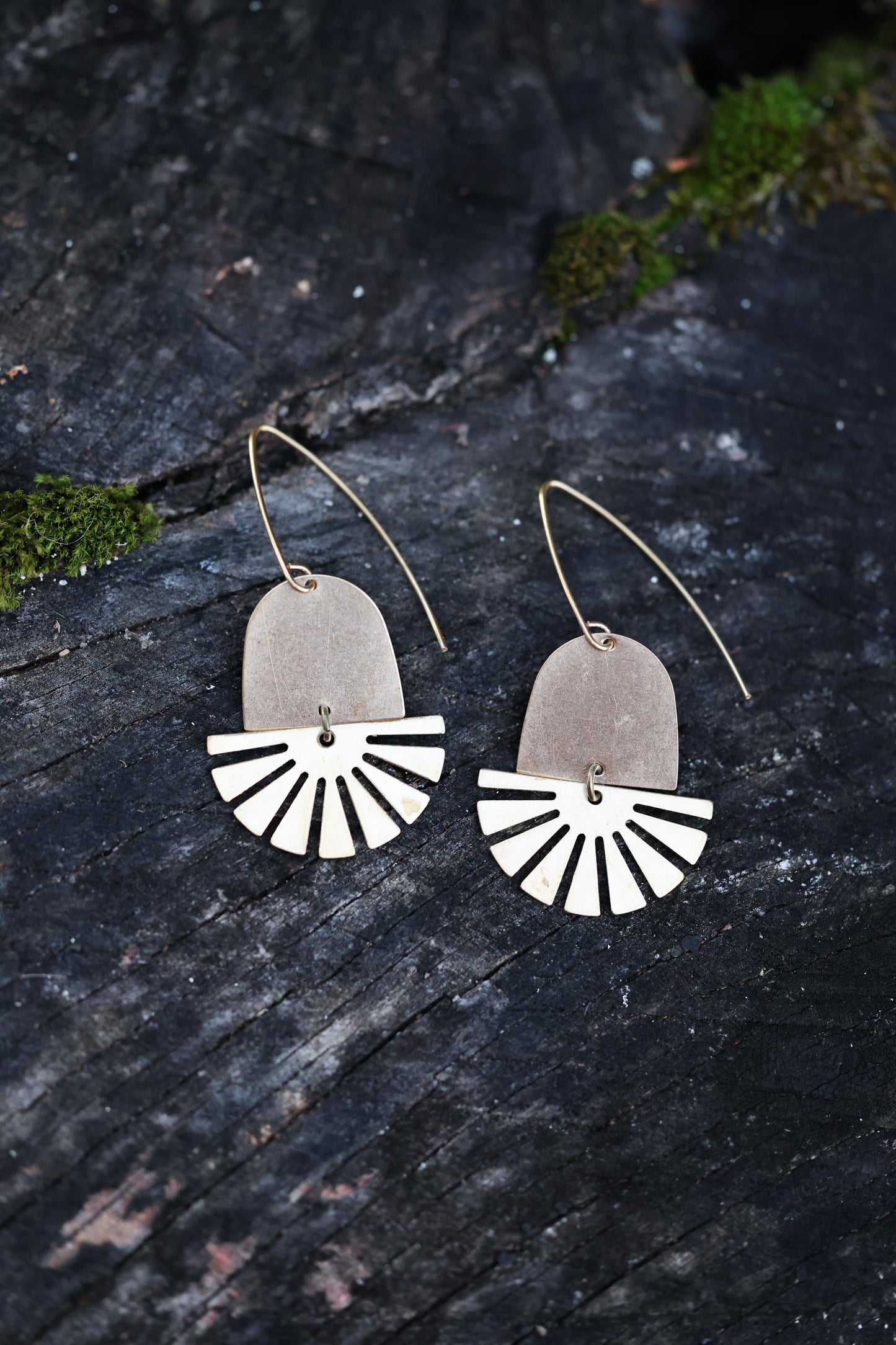Aztec sun,  lightweight, solid brass, celestial dangle earrings