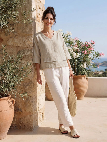 100% Linen Drop Shoulder Asymmetric Layered Hem Overtop VIOLA