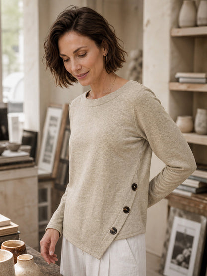 Lyocell Wool Asymmetric Hem Side Button Knit Top CELIA