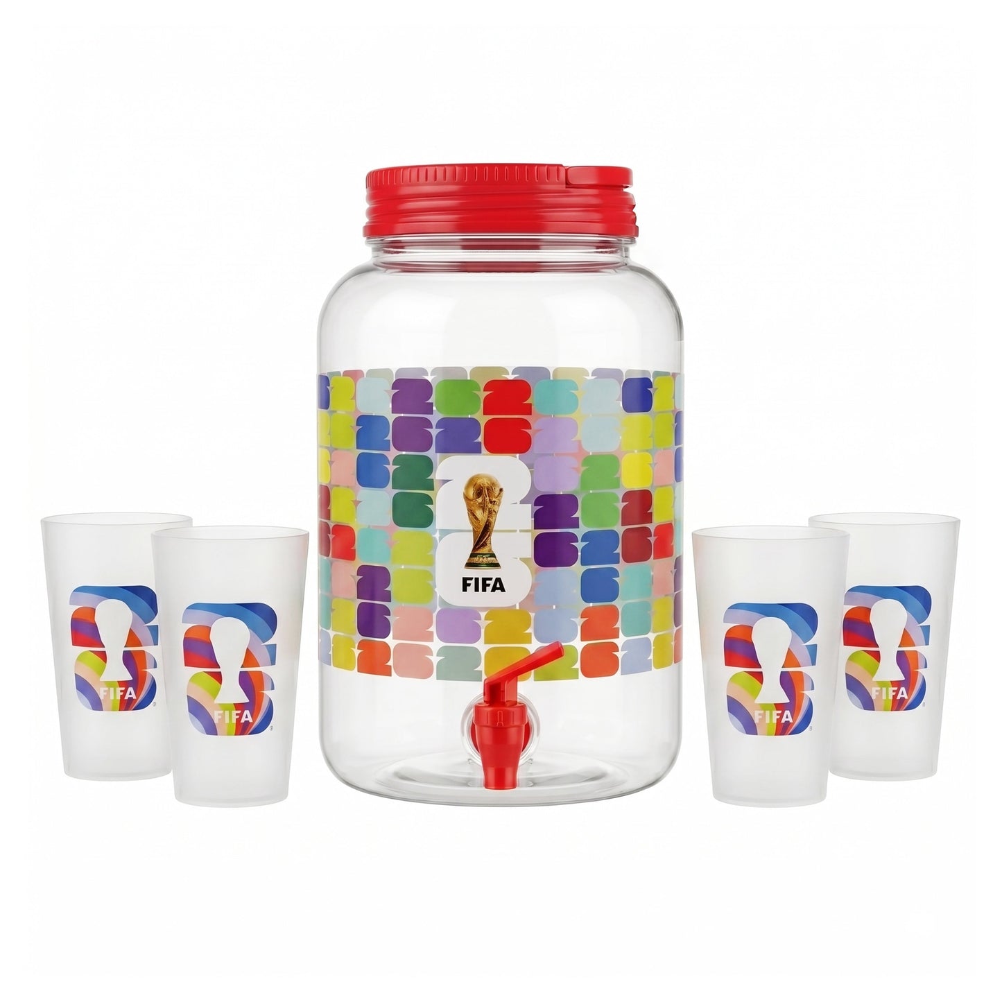 Atelier Sportif Official FIFA 1.4 Gal Beverage Dispenser with Red Handle & 4 Plastic Cups 18.5 OZ.