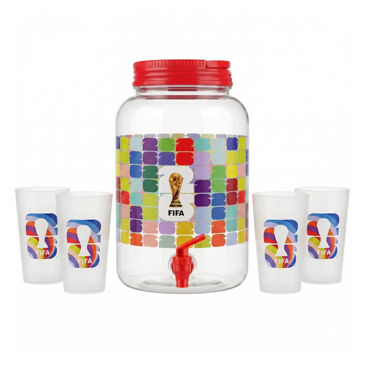 Atelier Sportif Official FIFA 1.4 Gal Beverage Dispenser with Red Handle & 4 Plastic Cups 18.5 OZ.