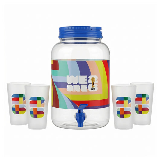 Atelier Sportif Official FIFA 1.4 Gal Beverage Dispenser with Red Handle & 4 Plastic Cups 18.5 OZ.
