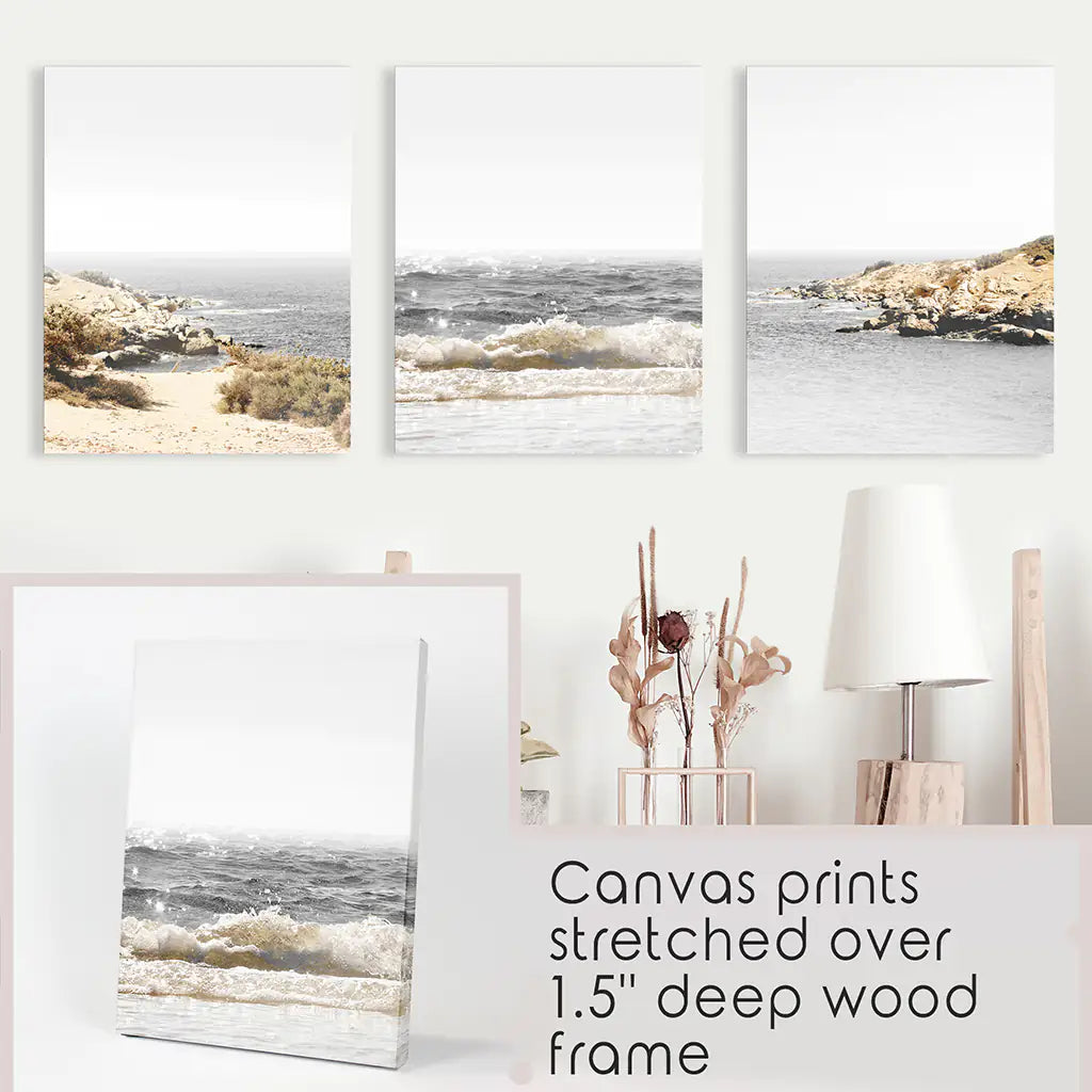 3 Piece Beige Ocean Beach Decor. Gray Waves with Rocks Wall Art