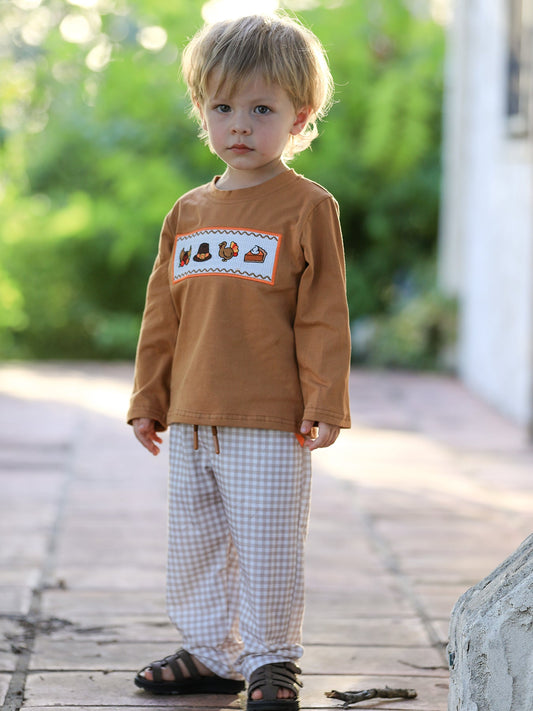 Thanksgiving Boys Embroidered Shirt Gingham Pants Set Fall Outfit