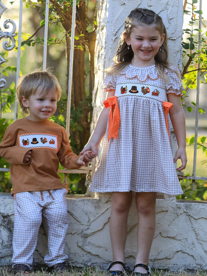 Thanksgiving Smocked Girls Dress Turkey Pumpkin Pie Embroidery