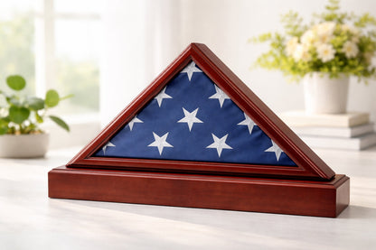 Burial/Funeral Flag Display Case Frame, Military Shadow Box with Pedestal Stand - Cherry