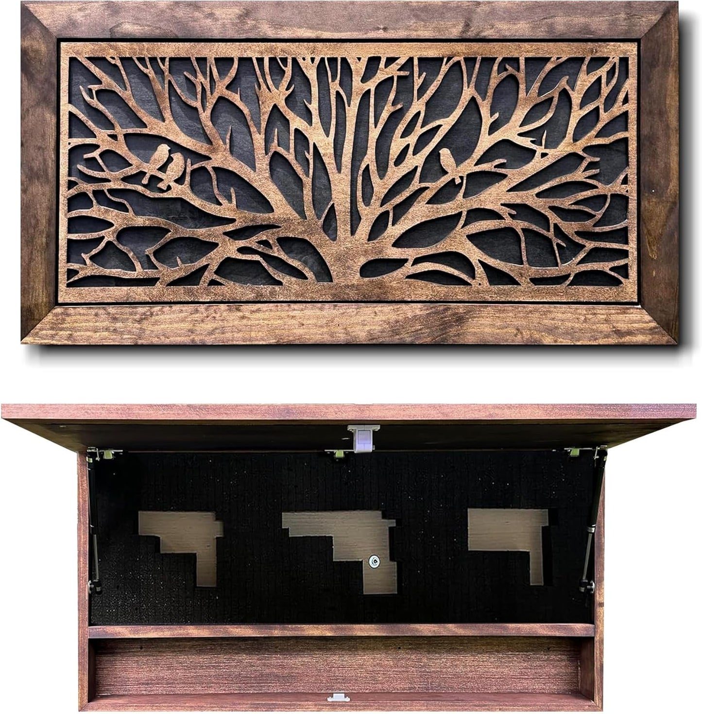 Birds in a Tree Large Gun Concealment Decor - Handcrafted Wooden Gun Cabinets - Gun Shelf Hidden Storage for Rifles, Shotguns, & Handguns - Quick Access Hidden Wall Safe