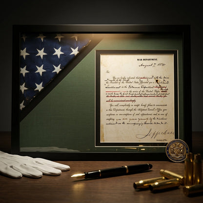 Shadow box for 3' x 5' flag with 8.5 x 11 Document holder, Black Finish