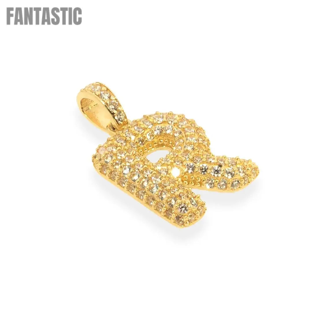 Bubble Letters "R" Pendant With 14K Gold Cz