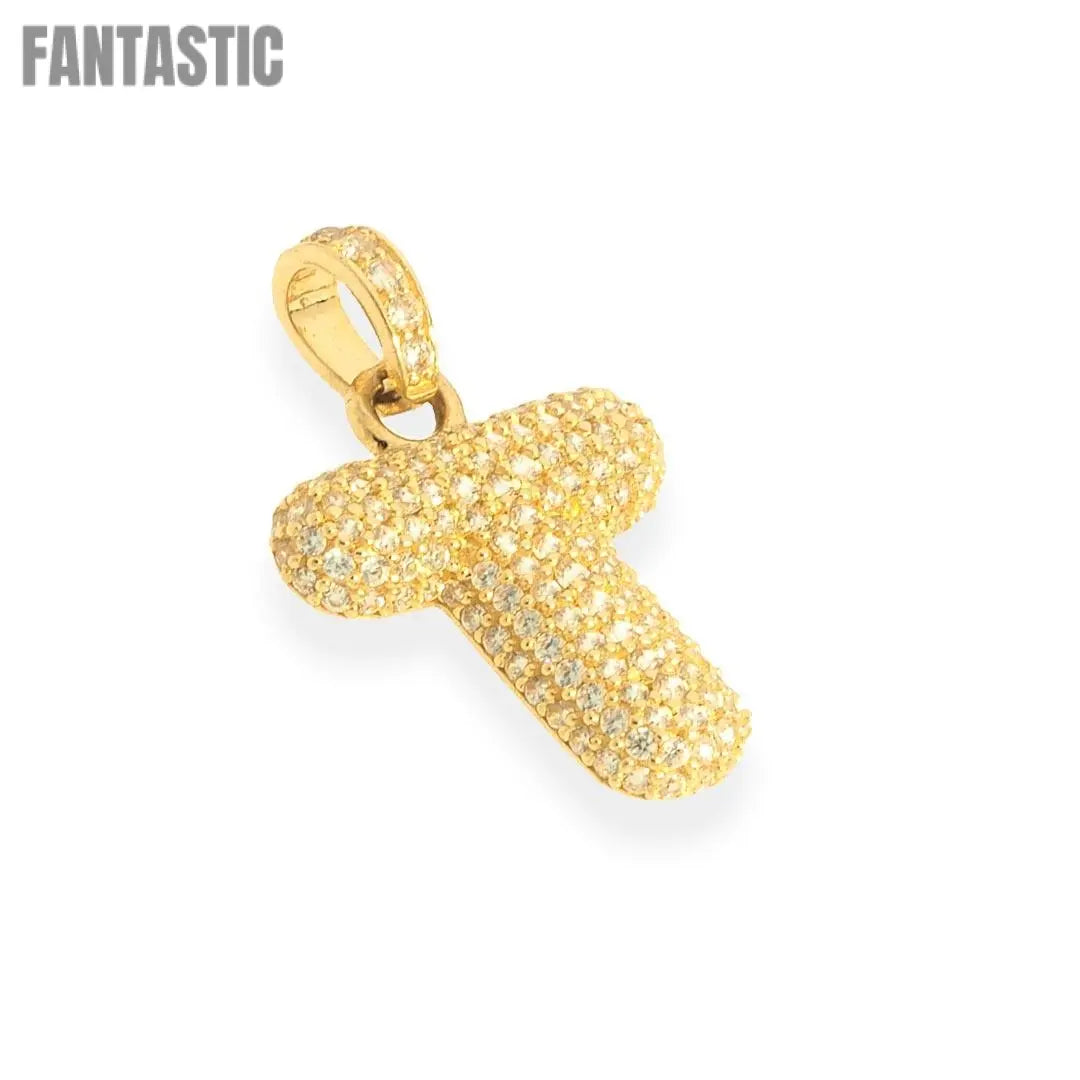 Bubble Letters "T" Pendant with 14K Gold Cz