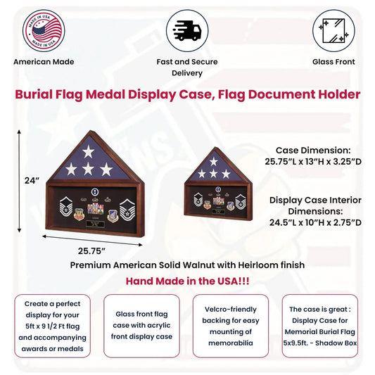 Burial Flag Medal Display case, Ceremonial Flag display.