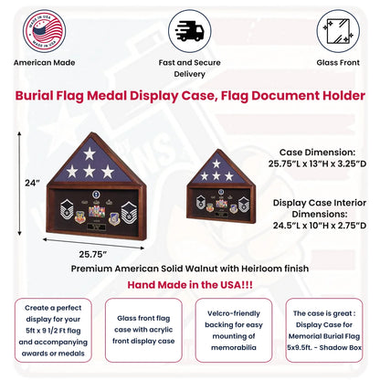Burial Flag Medal Display case, Ceremonial Flag display - Material Walnut.