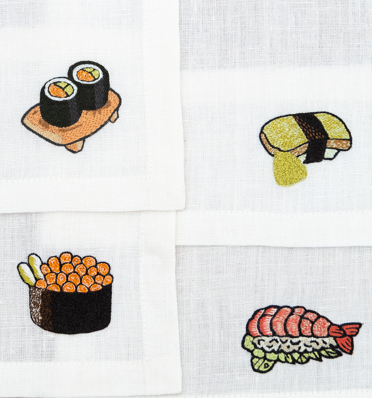 Hand Embroidered Sushi Cocktail Napkins 6" x 6" (Set of 4)