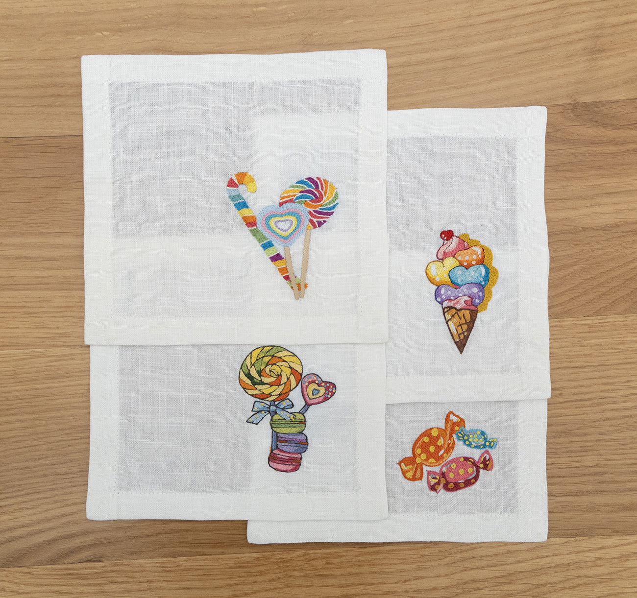 Hand Embroidered Candy Crush Cocktail Napkins 6" x 6" (Set of 4)