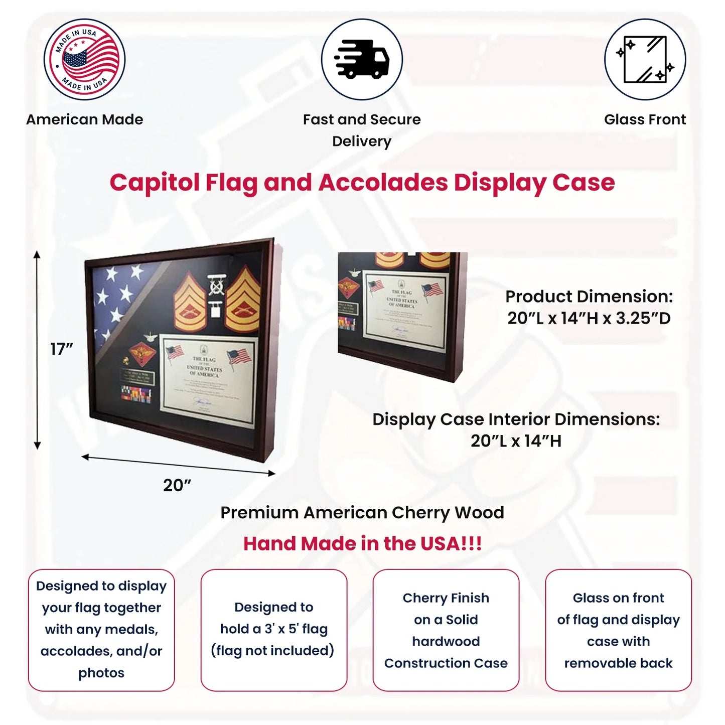 Military Award Shadow Box with Display Case for 3 x 5ft Flag - Felt in Black