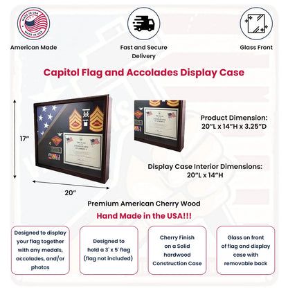 Military Award Shadow Box with Display Case for 3 x 5ft Flag - Felt in Black