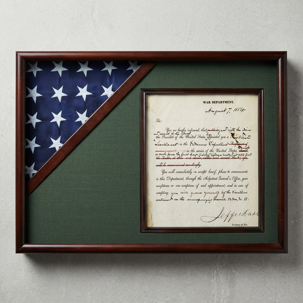 Shadow box for 3' x 5' flag with 8.5 x 11 Document holder, Cherry Finish