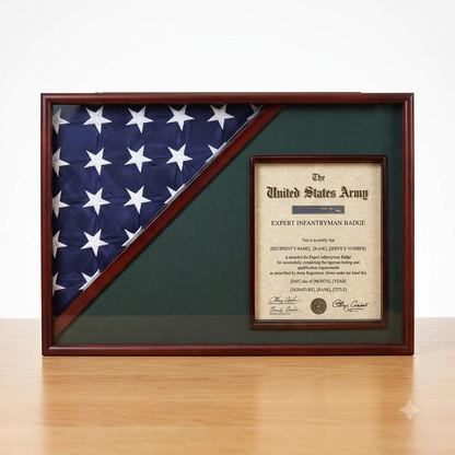 Shadow box for 5' x 9.5' flag with 8.5 x 11 Document holder, Cherry Finish