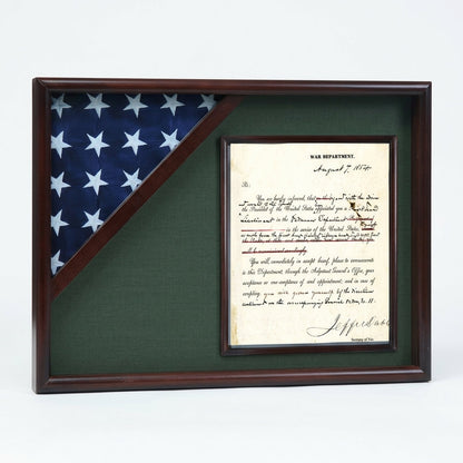 Shadow box for 3' x 5' flag with 8.5 x 11 Document holder, Cherry Finish