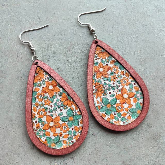 Beautiful Wood and Cork Orange and Turquoise Flower Earrings
