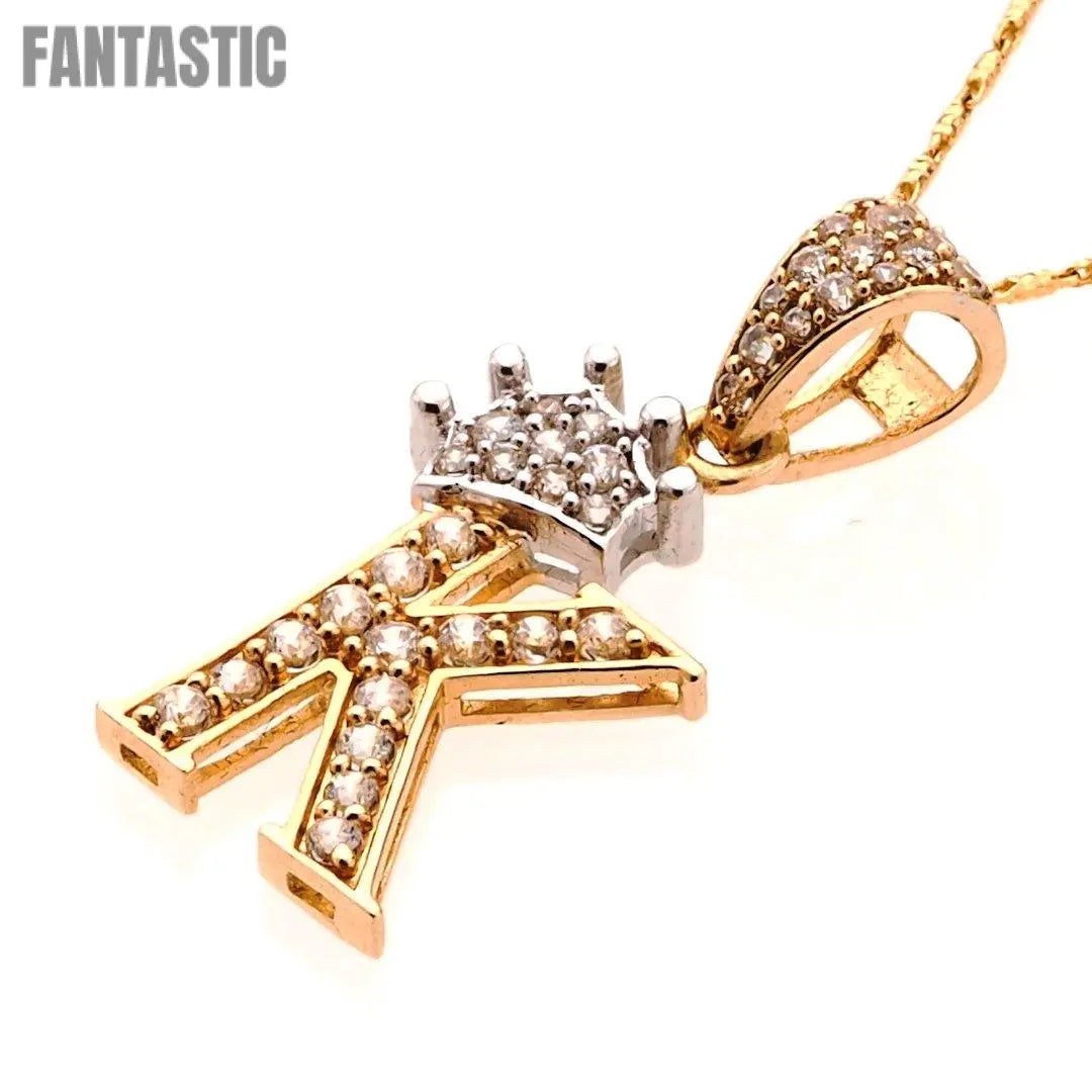 14K Gold CZ Crown Initial Letter K Pendant