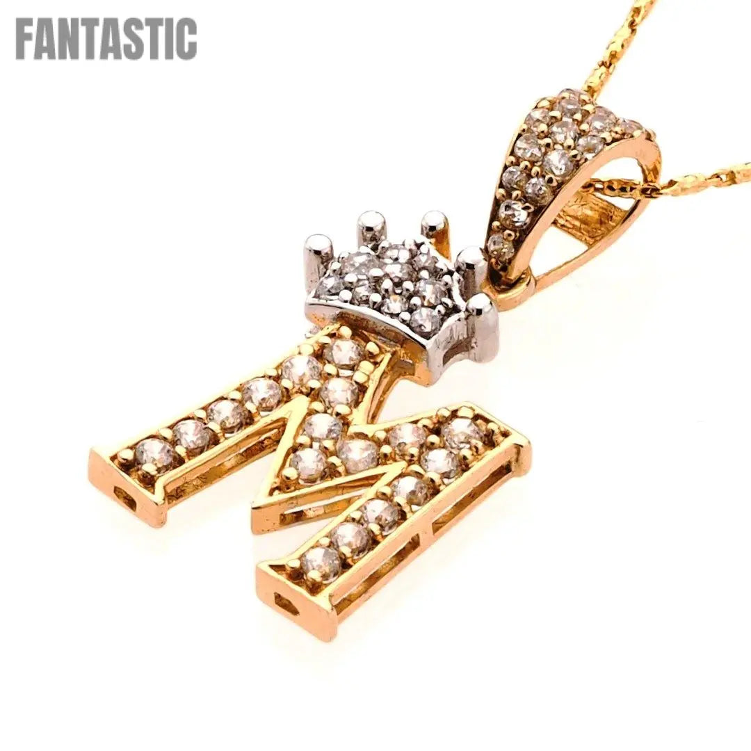 14K Gold CZ Crown Initial Letter M Pendant