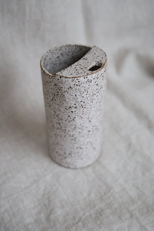 Matte White Speckled To Go Cup, Travel Mug, Mustache Saver, Ceramic Stoneware Hand Thrown in Gorham Maine 14-16oz.