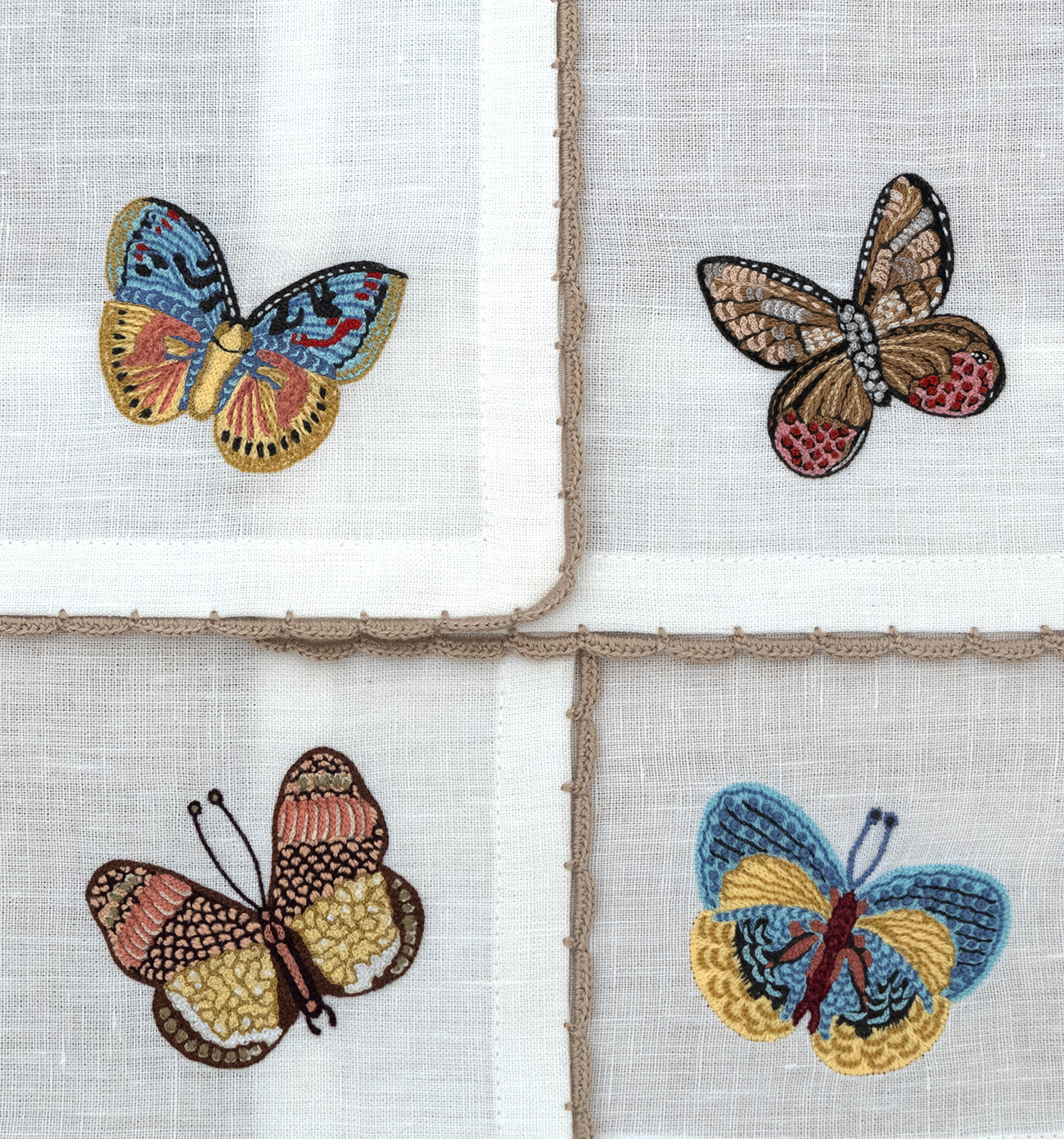 Hand Embroidered Flutter and Lace Cocktail Napkins 6" x 6" (Set of 4)