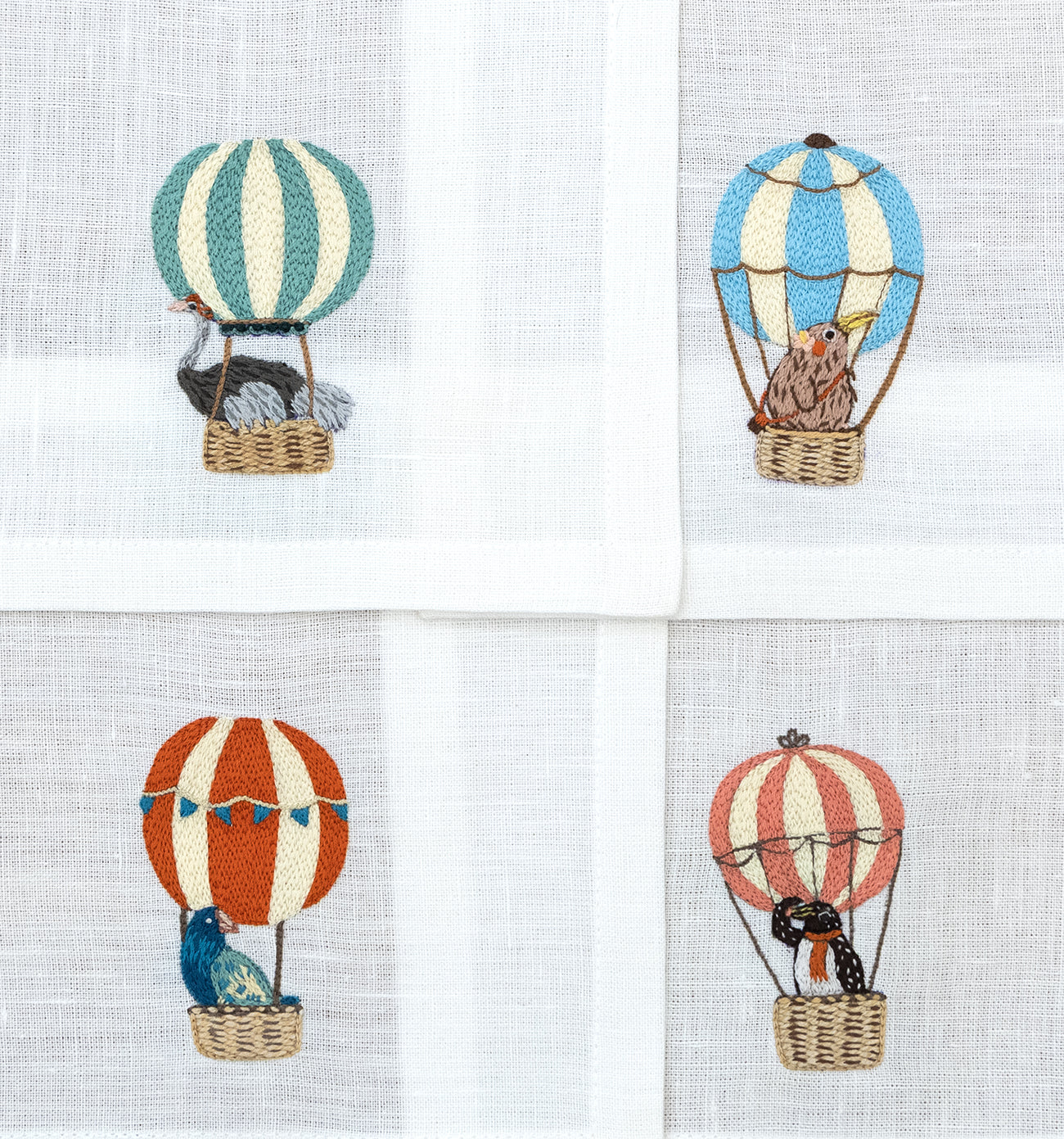 Hand Embroidered Balloon Safari Cocktail Napkins 6" x 6" (Set of 4)
