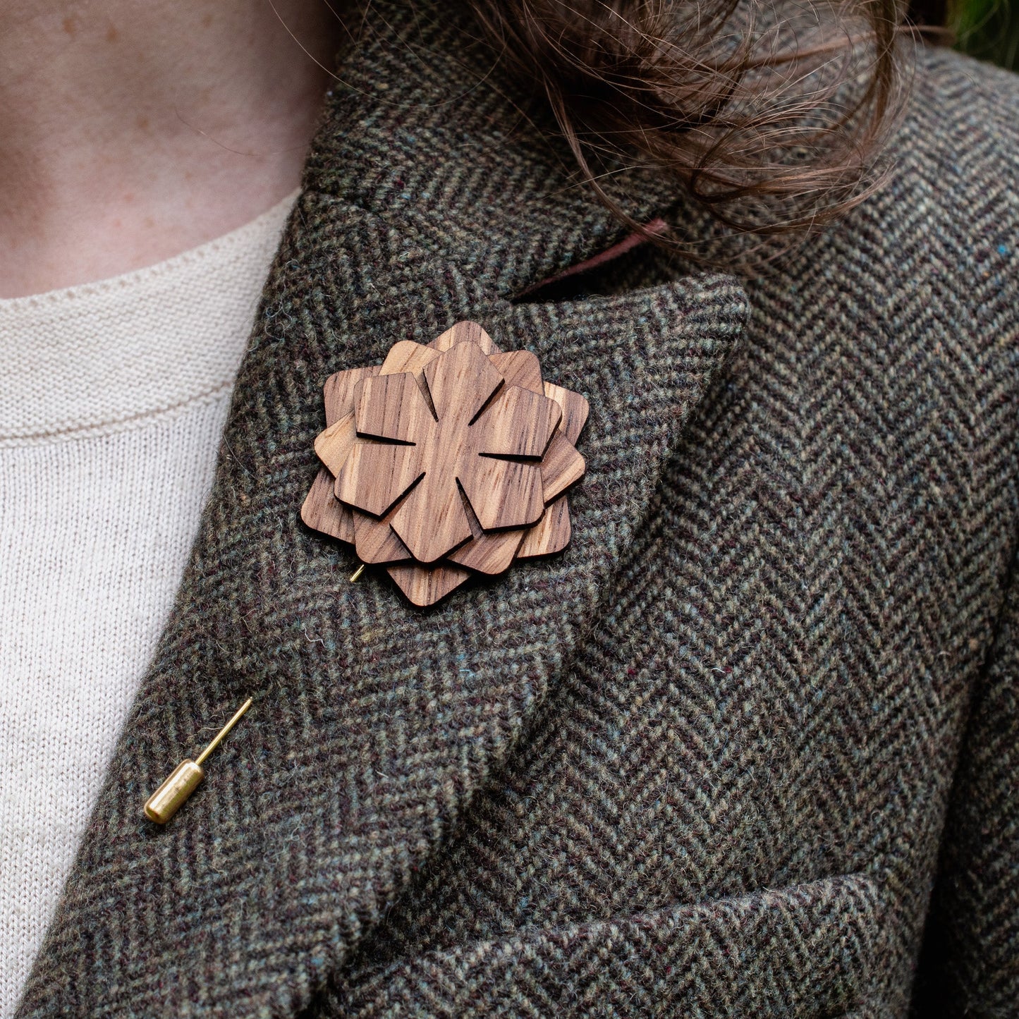 Wood Brooch | Layered Dahlia Rosette