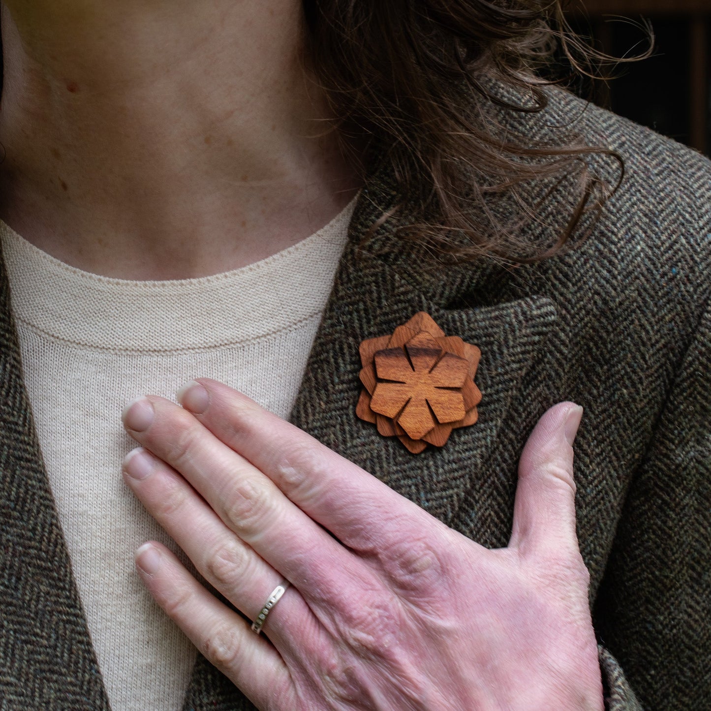 Wood Brooch | Layered Dahlia Rosette