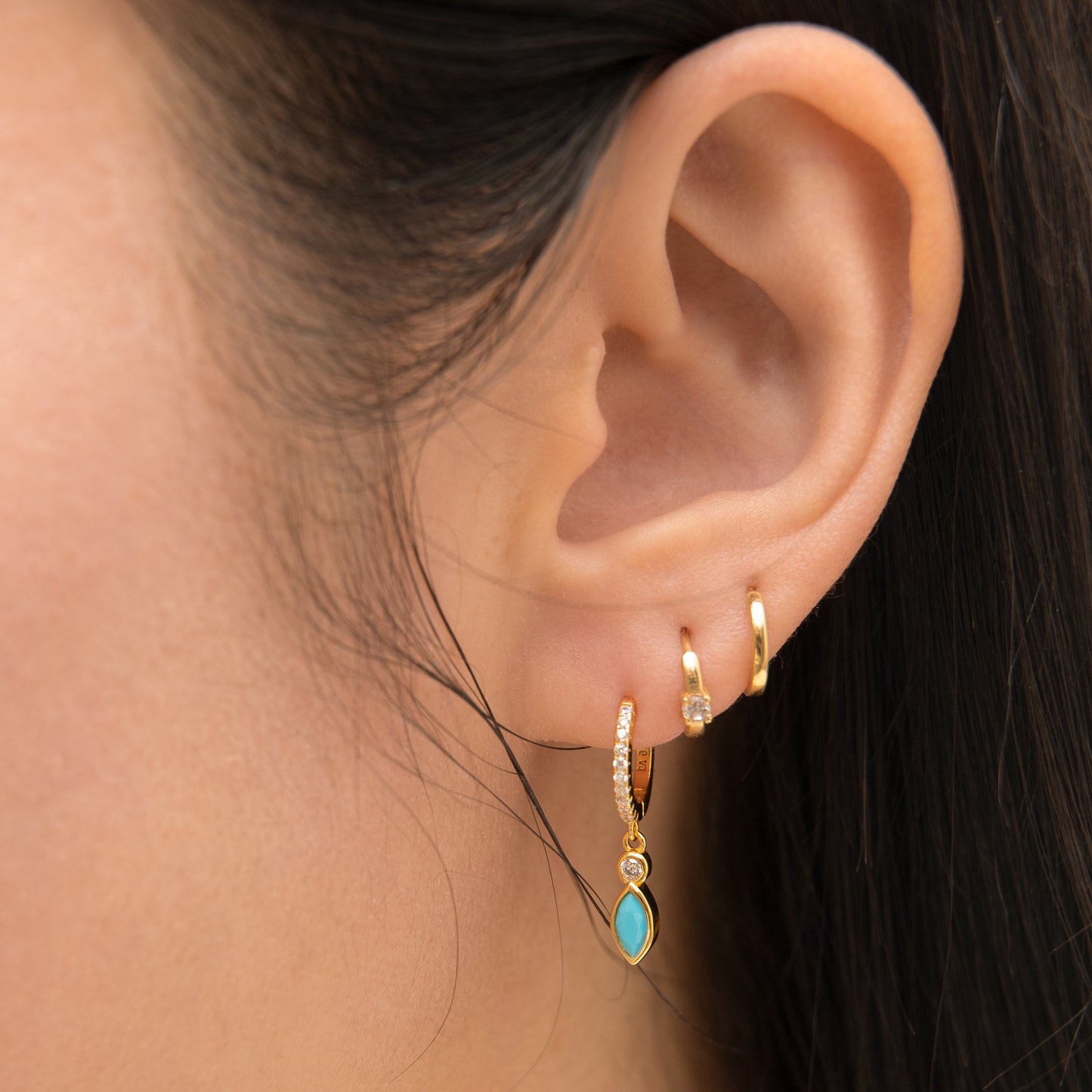 Oval Turquoise Drop CZ Pave Hoop Earrings