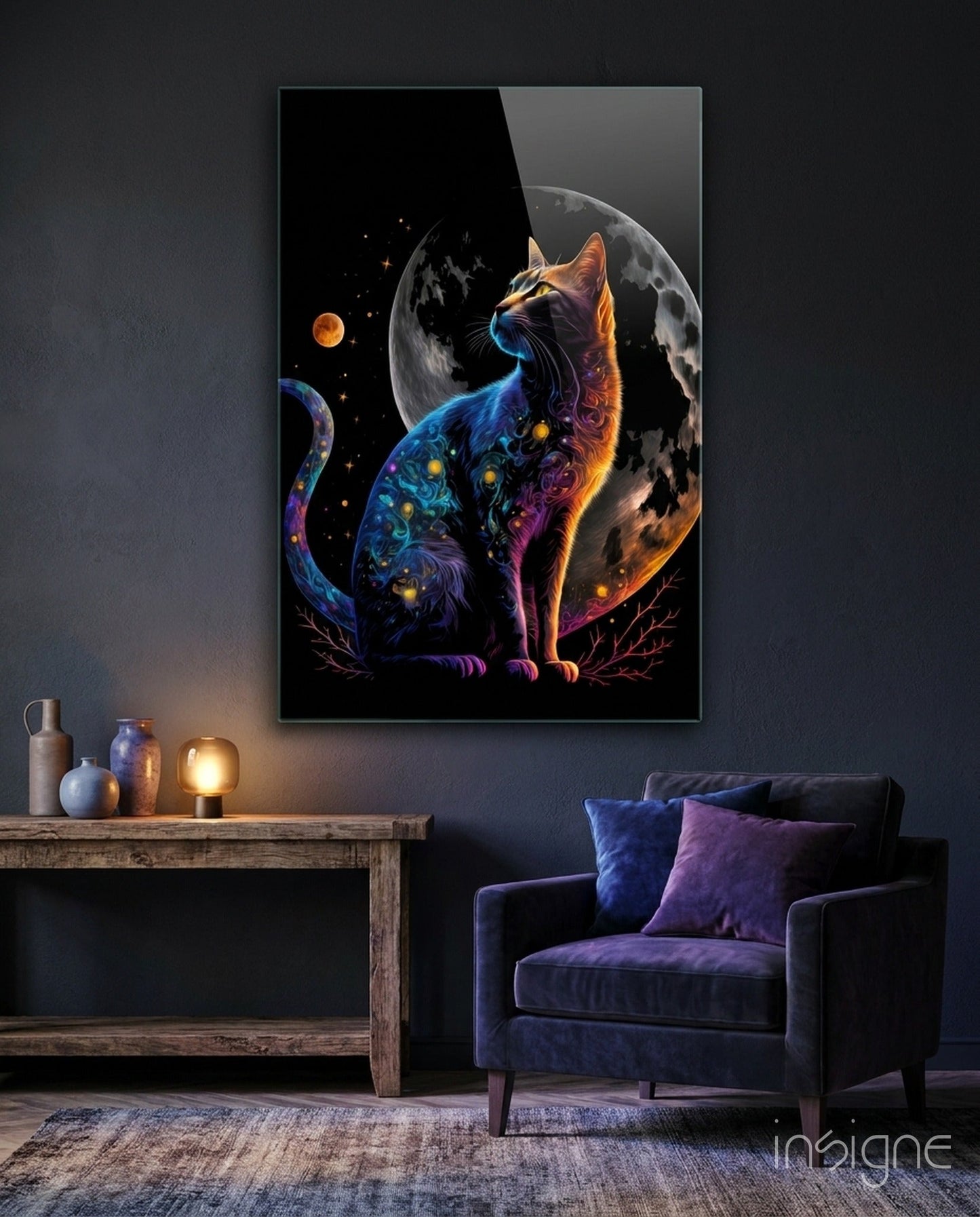 Moon Cat Glass Wall Art  || Designer Collection