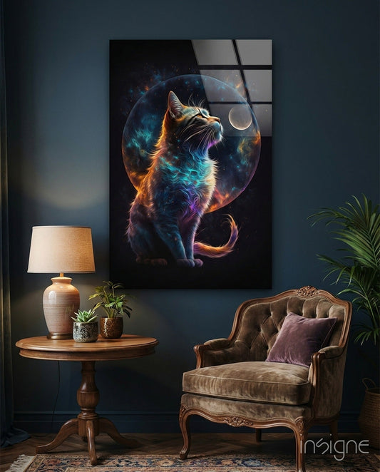 Moon Cat Glass Wall Art  || Designer Collection