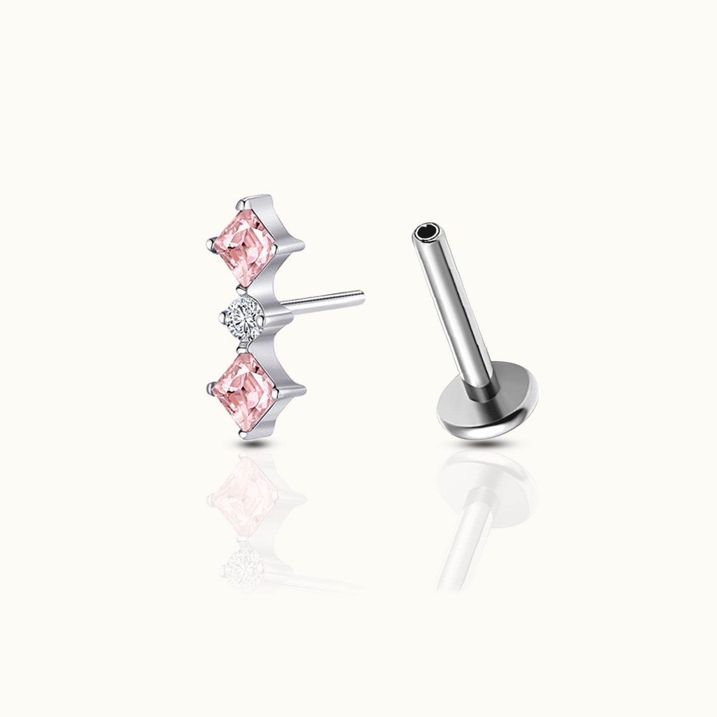 Diamond Shaped Pink CZ Bar Threadless Labret Titanium Flat Back Earring