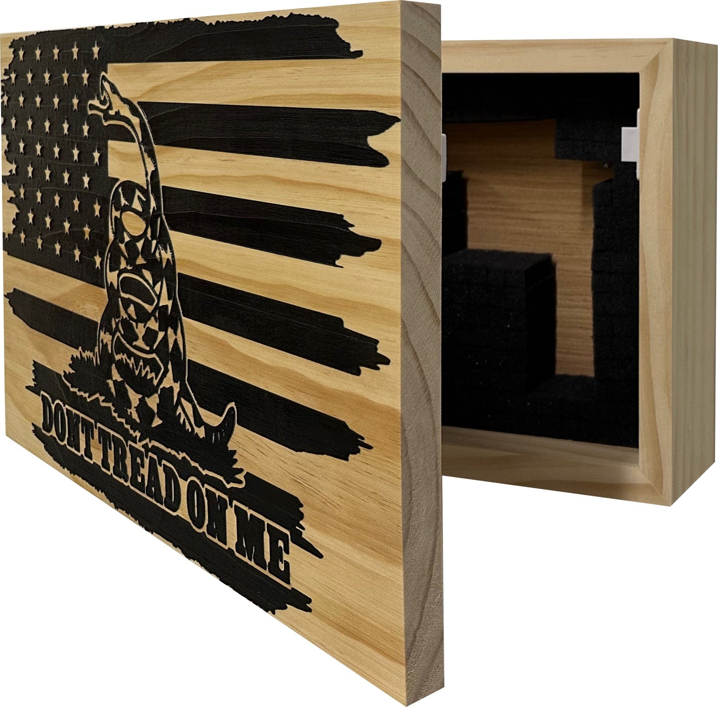 Dont Tread on Me Concealment Shelf - Quick Access Patriotic Hidden Gun Storage with Magnetic Lock - Safe & Secure Gun Concealment Furniture (Distressed)