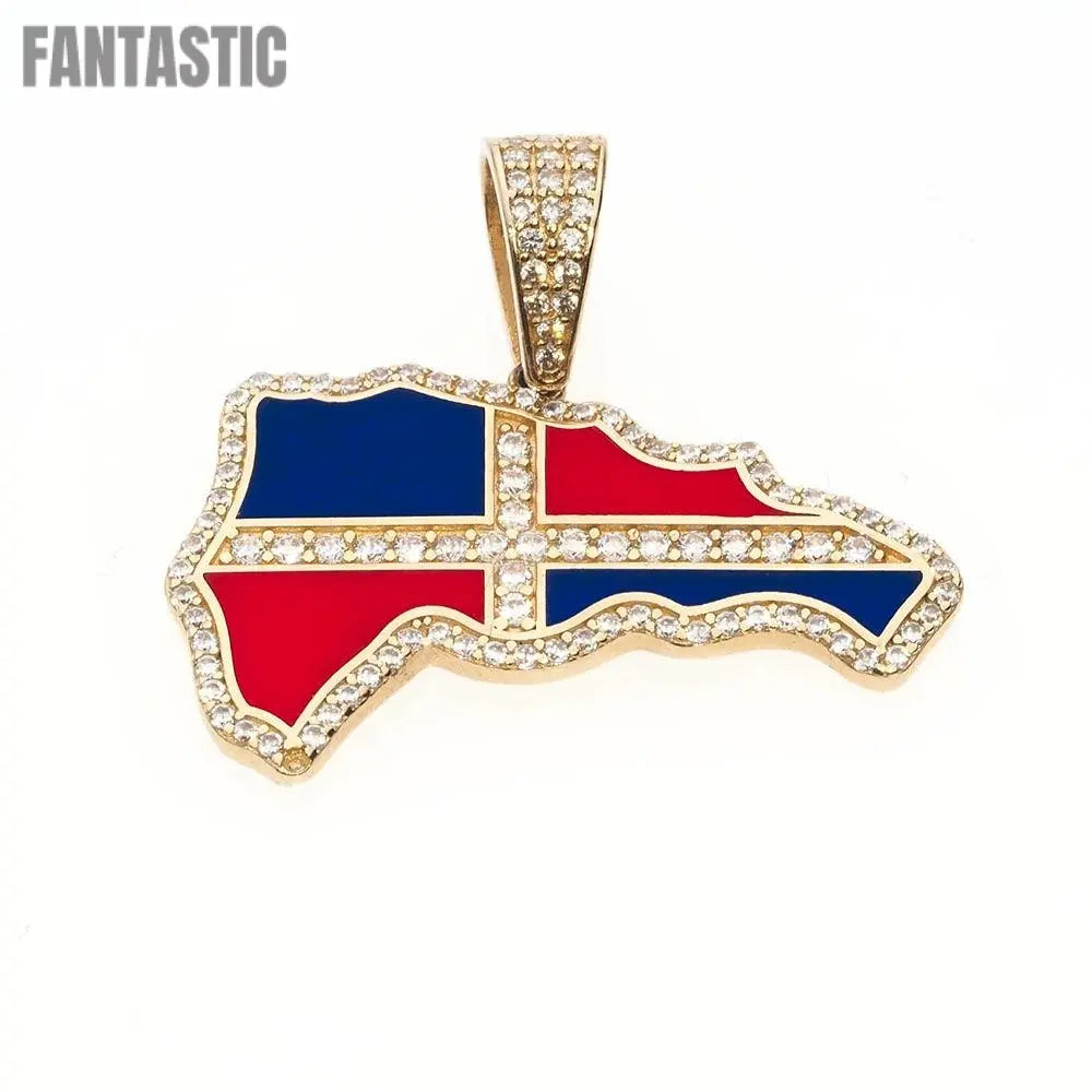 14K Gold CZ Dominican Republic Map Flag Pendant