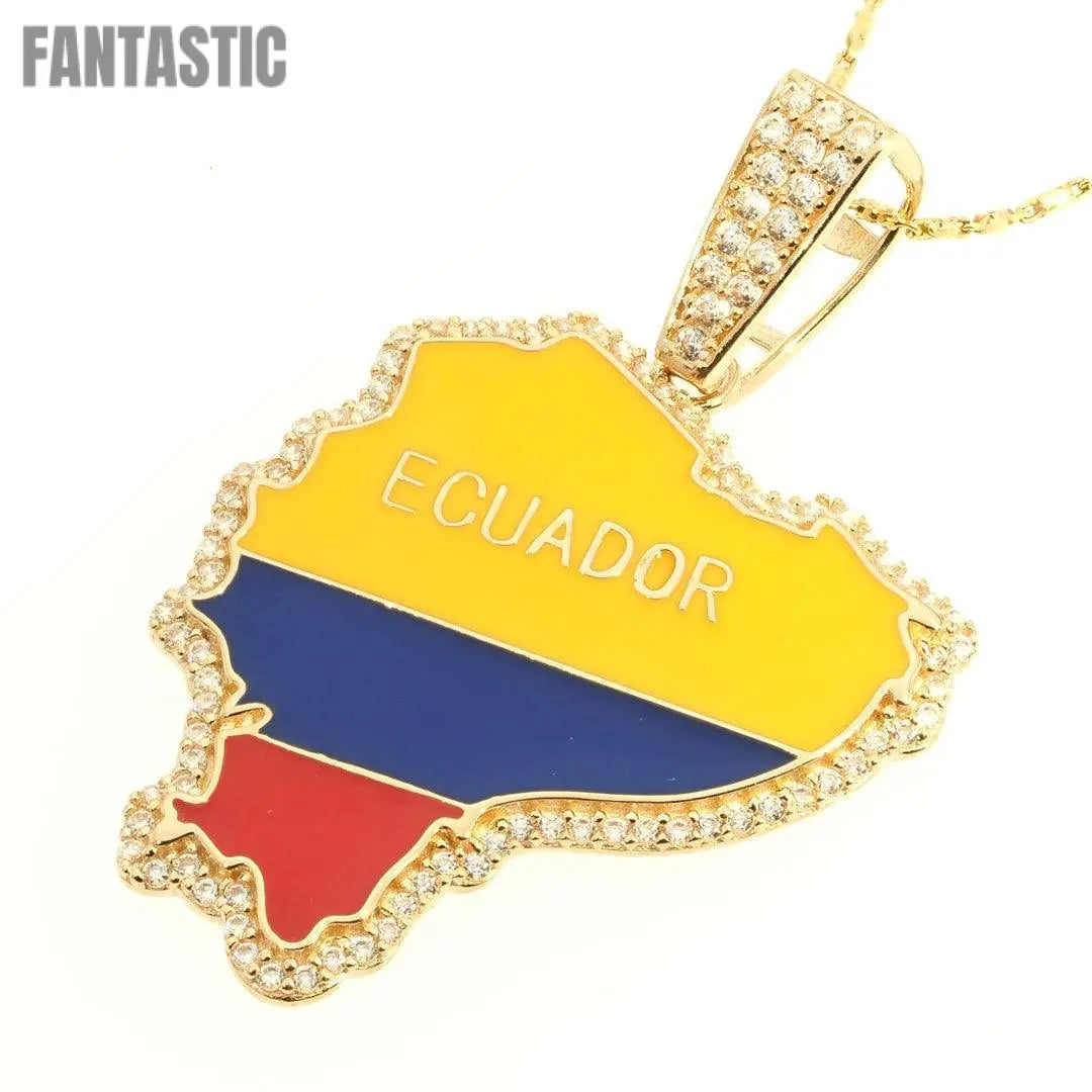 14K Gold CZ Ecuador Map Flag Pendant