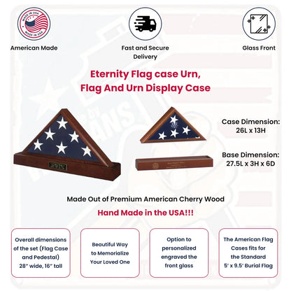 Burial/Funeral Flag Display Case Frame, Military Shadow Box with Pedestal Stand - Cherry