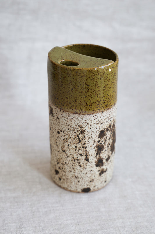 Olive Green and Quail Egg Speckled To Go Cup, Travel Mug, Travel Tumbler, Mustache Saver, Ceramic Stoneware,  Hand Thrown in Maine 14-16oz.  Pottery Cup